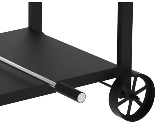 Detailansicht von einem Grillwagen mit Ablagefläche und Rädern