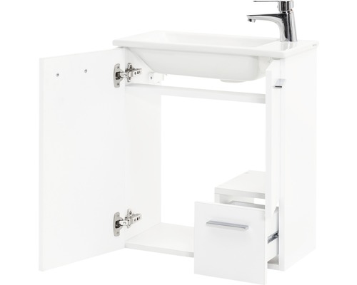 Weisser Waschtischunterschrank mit offen stehender Tür und Schublade
