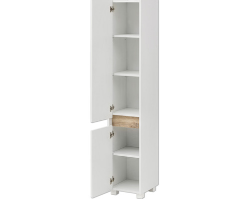 Armoire haute de salle de bain ouverte avec étagères
