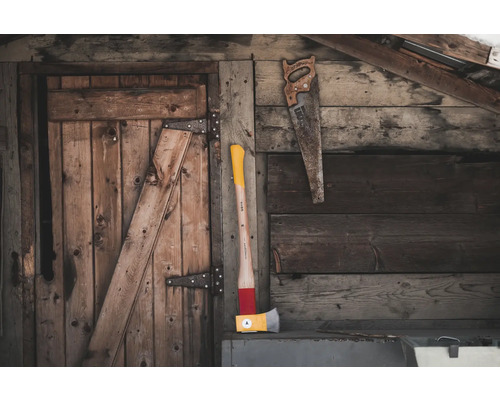 Abri de jardin en bois avec hache et scie à main