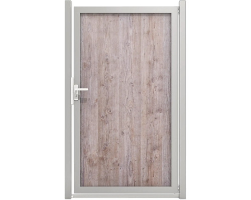 Portillon à un vantail GroJa Premo HPL cadre argent 100 x 180 cm aspect bois Portillon de jardin aspect bois et cadre en métal