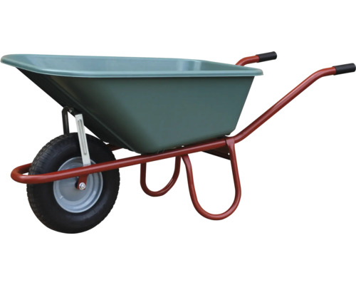 Brouette avec une cuve et une roue pour le transport de matériaux dans le jardin ou sur le chantier.