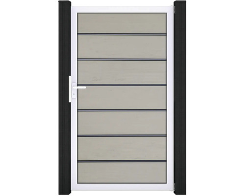 Portillon simple GroJa Flex Grande Premium tirant universel prémonté sans poteaux cadre argent 150 x 180 cm sable Portail de jardin avec panneaux horizontaux et poignée