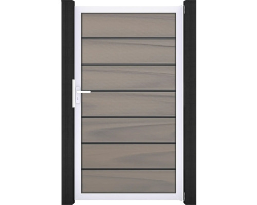 Portillon simple GroJa Flex Grande Premium tirant universel prémonté sans poteaux cadre argent 150 x 180 cm bicolore co-extrudé Portillon de jardin avec panneaux horizontaux, cadre et poignée