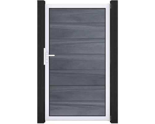 Portillon simple GroJa Flex Grande tirant universel prémonté sans poteaux cadre argent 150 x 180 cm gris pierre Portillon de jardin avec poignée et planches horizontales