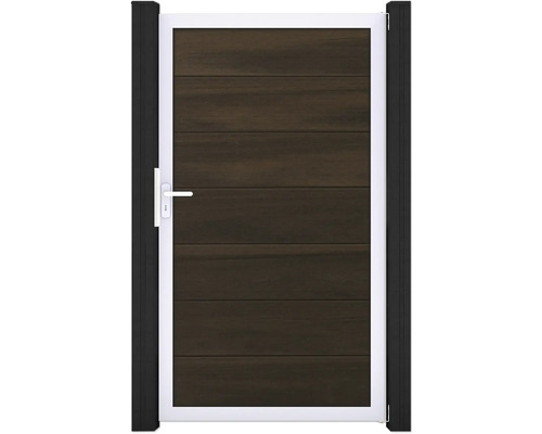 Portillon simple GroJa Flex Grande tirant universel prémonté sans poteaux cadre argent 150 x 180 cm noyer Portillon de jardin avec remplissage en bois et poignée