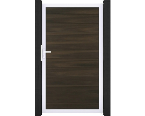 Portillon simple GroJa Flex tirant universel prémonté sans poteaux cadre argent 150 x 180 cm noyer Portillon de jardin avec poignée et structure en bois horizontale