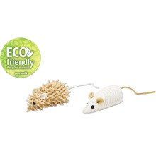 "Deux jouets pour chat en forme de souris et un label ""Écologique"""