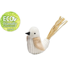 Oiseau beige et blanc comme jouet pour chat avec un label de matériau recyclé