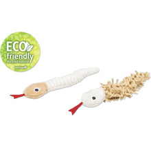 Deux jouets serpent en tissu, dont un fabriqué à partir de matériaux recyclés. Logo de Beetztees.