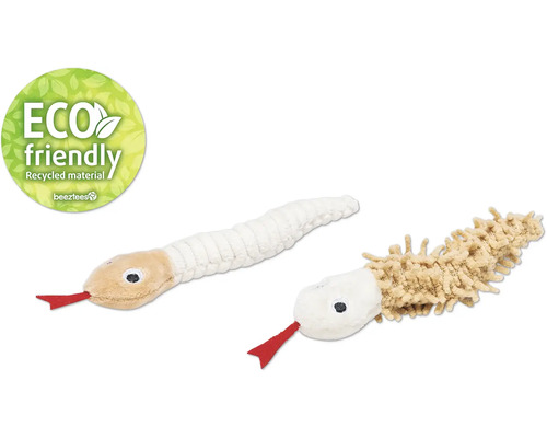 Beeztees Jouet pour chats Eco serpent Boa Deux jouets serpent en tissu, dont un fabriqué à partir de matériaux recyclés. Logo de Beetztees.