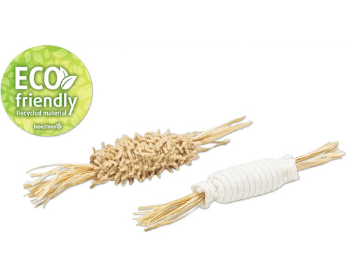 Beeztees Jouet pour chats Jouet pour chats Eco Jenna Deux jouets pour chat en matériau recyclé avec le logo Beetztees et le label Eco Friendly.