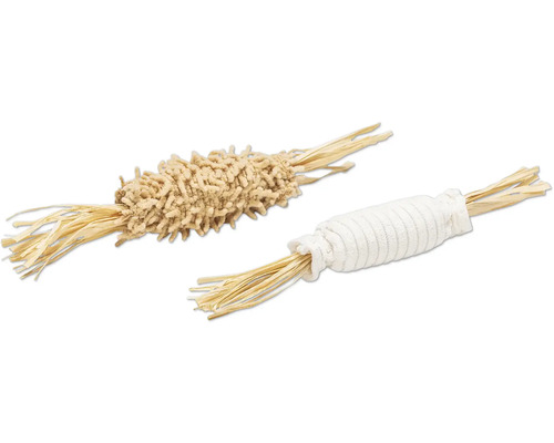 Deux jouets pour chats en paille et en tissu