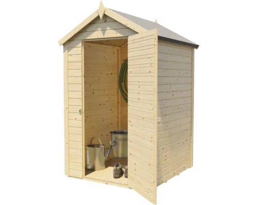 Abri de jardin en bois avec double porte ouverte pour ranger les outils de jardin