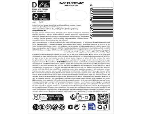 Informations sur les piles Varta, y compris les instructions de polarité, les avertissements et les instructions d''élimination