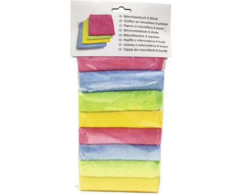 Chiffon en microfibres 30 x 30 cm 8 pces couleurs assorties Paquet de huit chiffons en microfibre