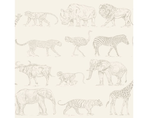 Vliestapete 104894 Kids@Home Safari creme Tapete mit Tiermotiven, darunter Elefant, Löwe, Zebra, Giraffe, Nashorn, Tiger, Strauß, Gepard, Büffel und Affe
