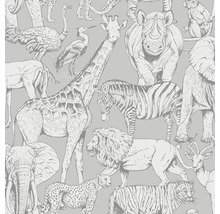 Papier peint avec motifs d''animaux tels que girafe, zèbre, lion, tigre, éléphant, rhinocéros et antilope