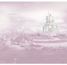 Papier peint rose avec château, pont et jardin