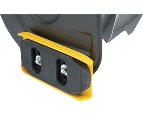 Detailansicht einer Schneefräse mit verstellbaren Gleitkufen.