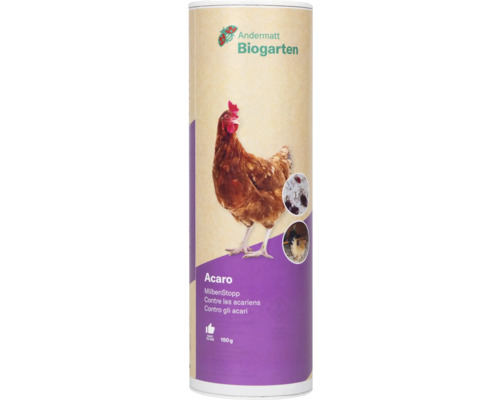 Andermatt Bio Acaro contre les acariens 150 g Emballage du produit Acaro Milbenstopp avec un poulet