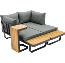 Salon de jardin avec coussins gris et table d''appoint en bois