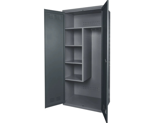 Armoire ouverte en acier gris avec étagères et tringle.
