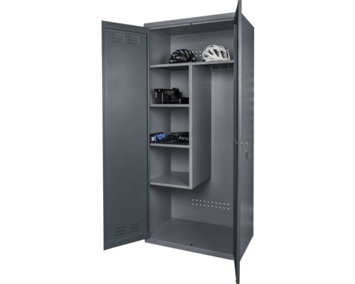 Armoire ouverte en acier gris avec plusieurs étagères pour le rangement