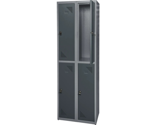 Armoire en acier avec quatre compartiments, dont un ouvert, avec trous de ventilation et serrure