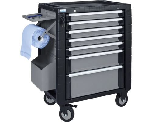 Chariot d''atelier avec plusieurs tiroirs et support pour rouleau de papier