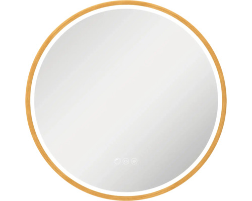 Miroir rond avec éclairage et cadre en bois