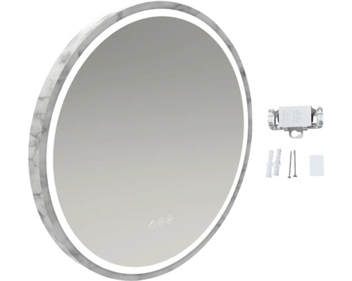 Miroir rond avec cadre en marbre, éclairage LED et accessoires de montage