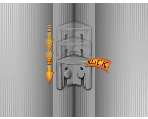 Eckregalbefestigung mit Pfeil und Klick-Hinweis