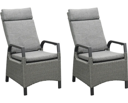 Deux chaises de jardin grises avec accoudoirs et rembourrage