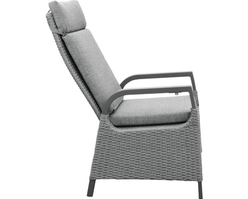 Chaise de jardin avec tressage en polyrotin et coussins gris