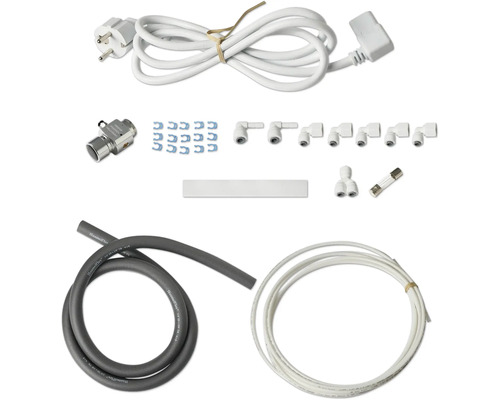 Zubehörset mit Stromkabel, Anschlussstücken, Schläuchen, Sicherung und Befestigungsmaterial