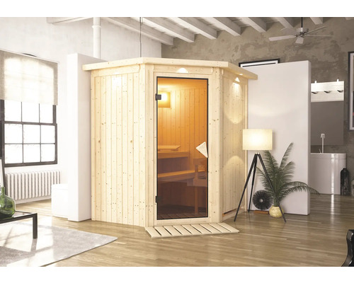 Sauna modulaire Karibu Achat III sans poêle, avec couronne et porte vitrée coloris bronze