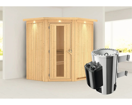 Sauna modulaire Karibu Achat III avec poêle 3,6 kW et commande intégrée, avec couronne et porte bois en verre isolé thermiquement