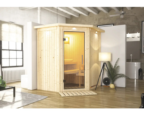 Sauna modulaire Karibu Achat III sans poêle, avec couronne et porte entièrement vitrée transparente