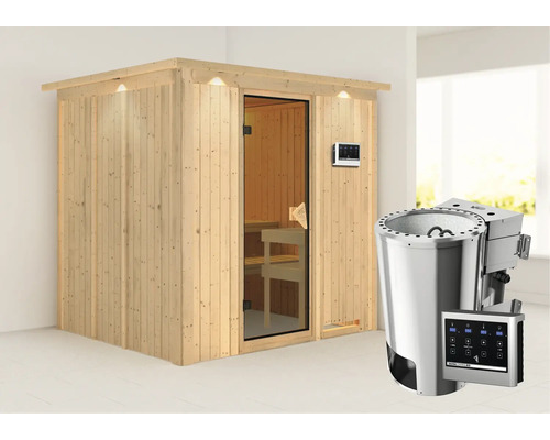 Sauna Karibu Achat VIII inkl. 3,6 kW Bio Ofen u.ext.Steuerung mit Dachkranz und bronzierter Ganzglastür Sauna Karibu Achat VIII inkl. 3,6 kW Bio Ofen u.ext.Steuerung mit Dachkranz und bronzierter Ganzglastür