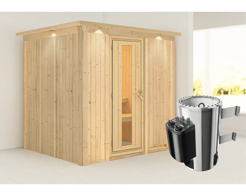 Elementsauna Karibu Laja inkl. 3,6 kW Ofen u.integr.Steuerung mit Dachkranz und Holztüre aus Isolierglas wärmegedämmt Elementsauna Karibu Laja inkl. 3,6 kW Ofen u.integr.Steuerung mit Dachkranz und Holztüre aus Isolierglas wärmegedämmt