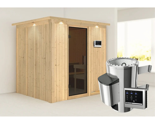 Sauna modulaire Karibu Achat VIII avec poêle 3,6 kW et commande externe, avec couronne et porte entièrement vitrée coloris graphite