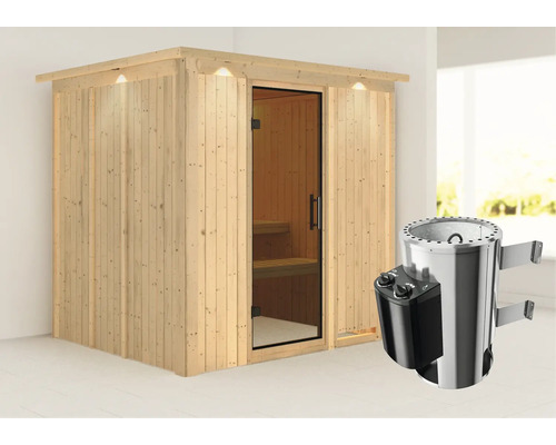 Sauna modulaire Karibu Achat VIII avec poêle 3,6 kW et commande intégrée, avec couronne et porte entièrement vitrée coloris graphite