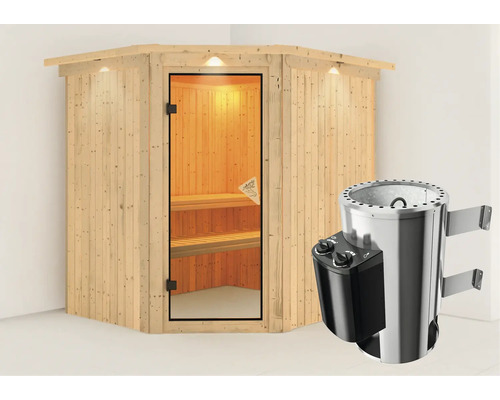 Sauna Karibu Achat VII avec poêle 3,6 kW et commande intégrée, avec couronne et porte entièrement vitrée coloris bronze