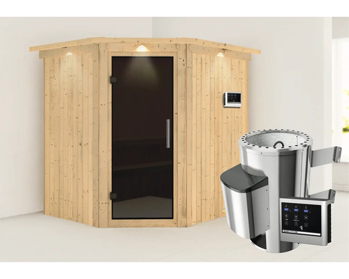 Sauna modulaire Karibu Achat VII avec poêle 3,6 kW et commande externe, avec couronne et porte entièrement vitrée coloris graphite