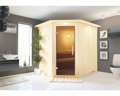 Sauna modulaire Karibu Achat VII sans poêle avec couronne et porte entièrement vitrée coloris graphite