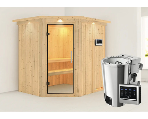 Sauna modulaire Karibu Achat VII avec poêle bio 3,6 kW et commande externe, avec couronne et porte entièrement vitrée transparente