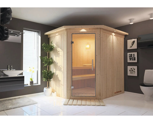 Sauna modulaire Karibu Achat VII sans poêle avec couronne et porte entièrement vitrée transparente