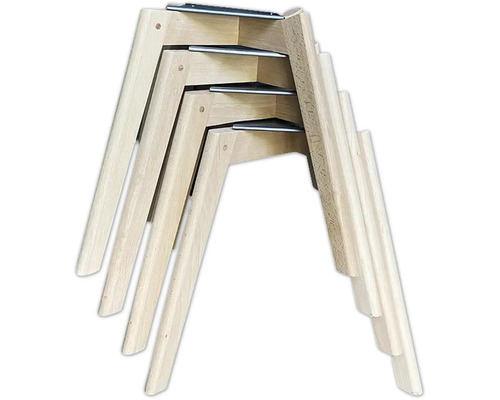 Pieds de table en bois non traité empilés avec fixations métalliques
