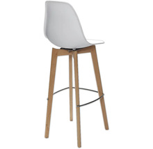 Hocker mit Kunststoffschale und Holzbeinen